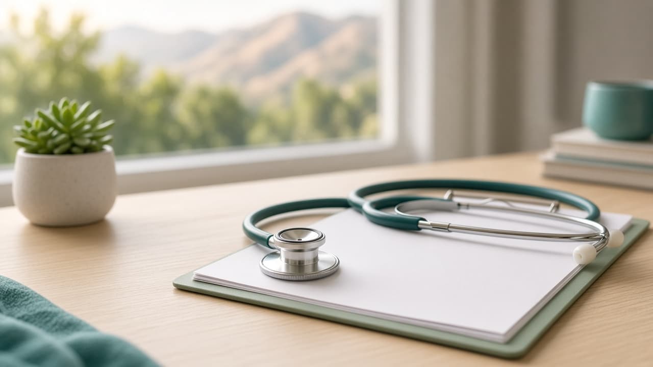 Quiet clinical workspace prepared for a patient visit