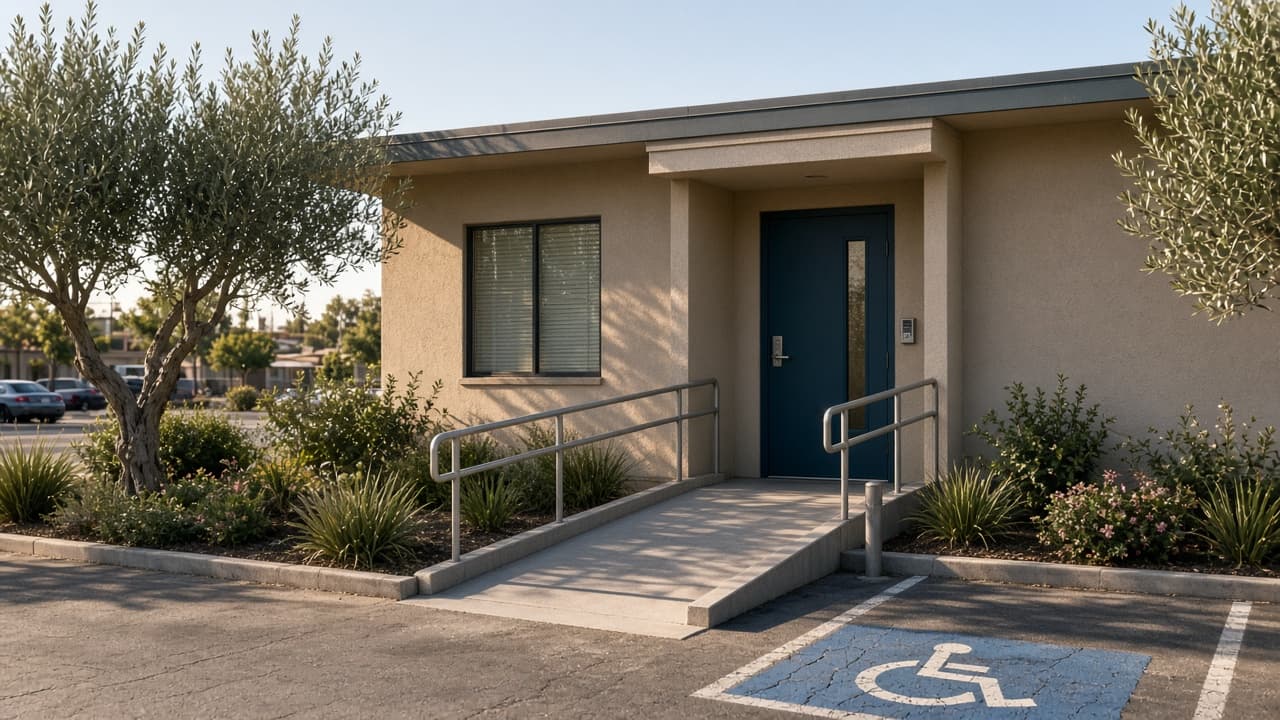 Neighborhood medical office exterior with accessible entrance